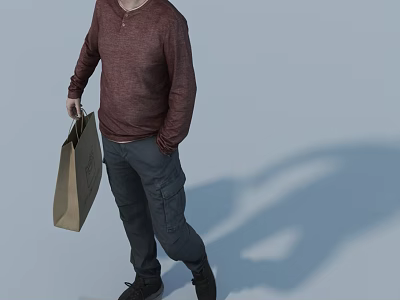 Man Wearing Brown Long Sleeve Shirt And Dark Pants Holding Shopping Bag 3d model