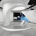 Modern Showroom Interior Design With Curved Ceiling Wall Display Graphics Central Table And Curved Floor
