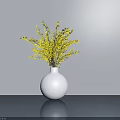 White Round Vase with Yellow Flower Branches on Gray Surface Against Gray Wall