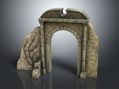 Ancient Stone Arched Entrance Gate With Brick Texture And Ruined Side Structures 3d model
