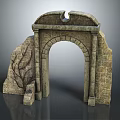 Ancient Stone Arched Entrance Gate With Brick Texture And Ruined Side Structures 3d model