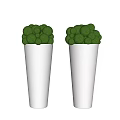 Two White Conical Pots With Green Spherical Decorative Bonsai Plants 3d model
