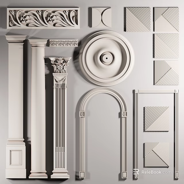 Elegant Decorative Architectural Components Featuring Columns Friezes Arched Frames And Geometric Panels 3d model 