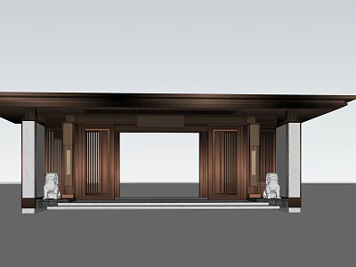 Traditional Chinese Entrance Gate With Wooden Doors Stone Lions And Columns 3d model