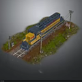 Yellow and blue train on railway tracks with green vegetation utility poles and signal signs