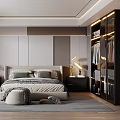 Stylish Modern Bedroom Interior With Large Bed Striped Chair Black Wardrobe And Green Plant