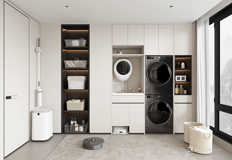 Modern Laundry Room Interior With Washing Machine Dryer Storage Shelves And Baskets 3d model 
