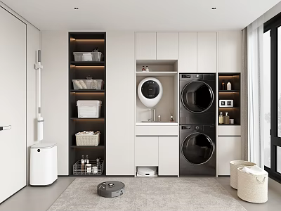 Modern Laundry Room Interior With Washing Machine Dryer Storage Shelves And Baskets 3d model