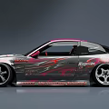 Modified Silver Sports Car With Pink Accents Rear Spoiler And Wide Body Kit