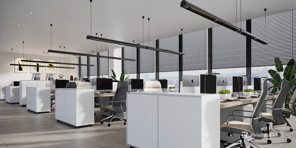 Modern Open Office Space With White Partitions And Ergonomic Chairs 3d model 