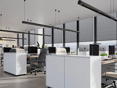 Modern Open Office Space With White Partitions And Ergonomic Chairs 3d model