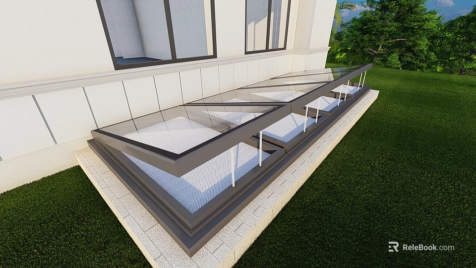 Modern Detached Villa With Glass Terrace Green Lawn And Metal Railings 3d model 