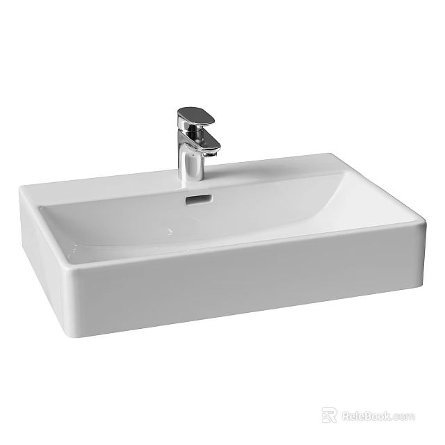 Stylish White Rectangular Ceramic Washbasin with Chrome Faucet for Bathroom Vanity 3d model 