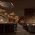 Modern Elegant Restaurant Interior With Golden Fish Pendant Lights Curved Walls And Night City View