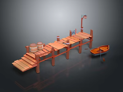 Wooden Dock Scene With Planks Barrels Small Boat And Flagpole 3d model