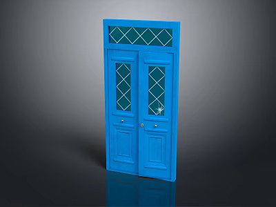 Blue Double Doors Home Furniture With Glass Panels And Diamond Pattern Design 3d model