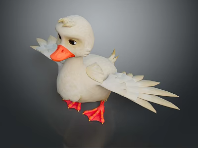 3D Model of a White Flying Duck with Orange Beak and Feet and Spread Wings 3d model