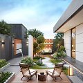 Modern Courtyard Garden With Wooden Deck Rattan Chairs Small Round Table And Greenery