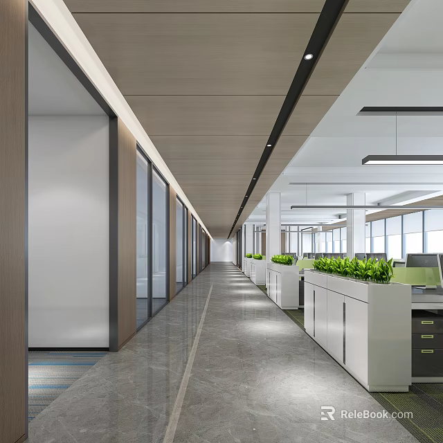 Modern Public Office Space With Long Corridor Glass Partitions And Green Plants 3d model 