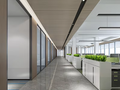 Modern Public Office Space With Long Corridor Glass Partitions And Green Plants 3d model
