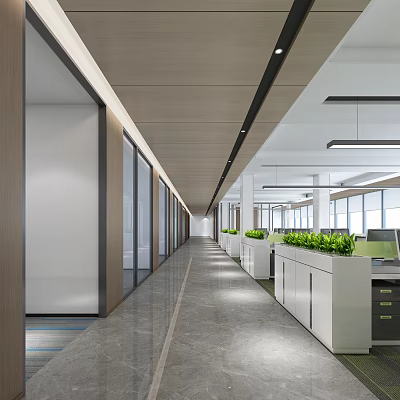 Modern Public Office Space With Long Corridor Glass Partitions And Green Plants 3d model