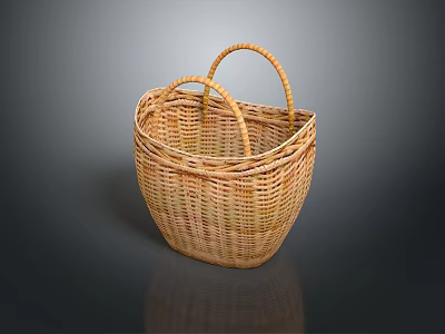 Handwoven Light Brown Wicker Basket With Two Handles And Intricate Weave 3d model