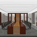 Modern Conference Room Interior With Long Wooden Table Black Chairs And Chinese Decor