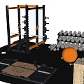 Sports Equipment Setup In Gym With Power Rack Barbells Dumbbells Weight Plates And Exercise Ball