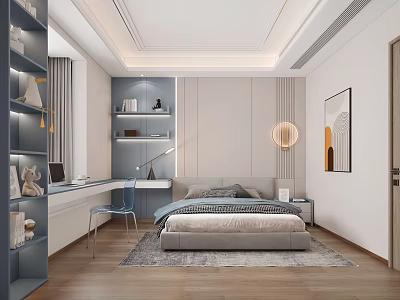 Modern Kids Room Interior With Study Desk Bed Bookshelf And Soft Lighting 3d model