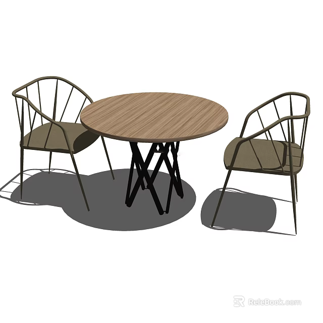 Round Wooden Dining Table Set With Metal Frame Chairs And Dark Cushioned Seats 3d model 