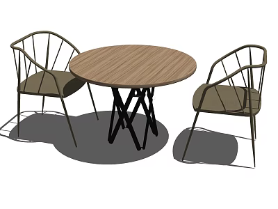 Round Wooden Dining Table Set With Metal Frame Chairs And Dark Cushioned Seats 3d model