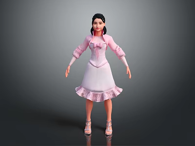 3D Female Character Model in Pink Dress with Black Hair and High Heels 3d model