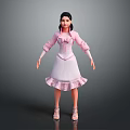 3D Female Character Model in Pink Dress with Black Hair and High Heels