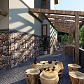 Scenic Guesthouse Building With Courtyard Terrace and Lush Greenery Surrounded by Trees