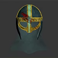 Ancient Green And Gold Decorative Helmet With Red Accents And Gold Trim