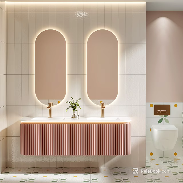 Modern Bathroom Cabinet With Double Sink Pink Striped Design And Backlit Mirrors Potted Plant 3d model 