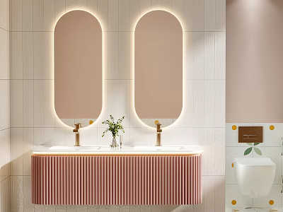 Modern Bathroom Cabinet With Double Sink Pink Striped Design And Backlit Mirrors Potted Plant 3d model