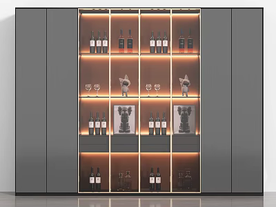 Modern Wine Cabinet Interior Design With Layered Shelves Wine Bottles Glasses And Warm Lighting 3d model