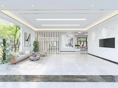 Modern Reception Desk Area With Spacious Lobby Marble Flooring Sofa Seating Green Plants And Decorative Art 3d model