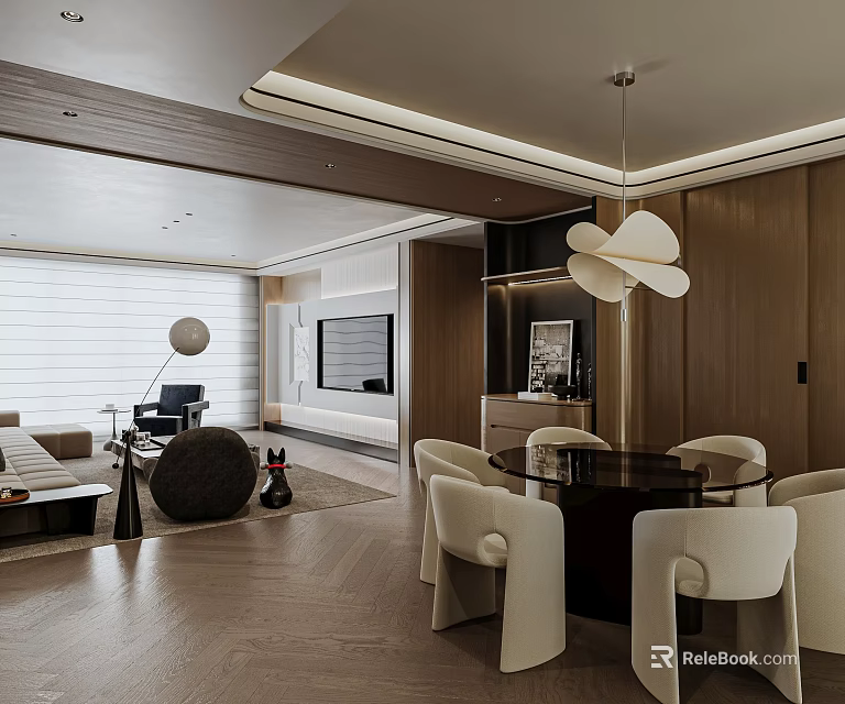 Elegant Modern Living Dining Room Interior With Sofa Round Table And Pendant Light 3d model