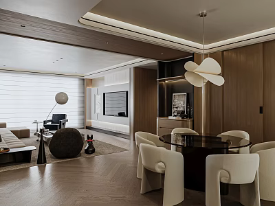 Elegant Modern Living Dining Room Interior With Sofa Round Table And Pendant Light 3d model