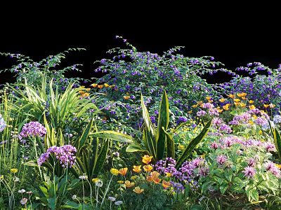 Vibrant Shrub Garden With Purple Flowers Yellow Blooms And Lush Green Foliage 3d model
