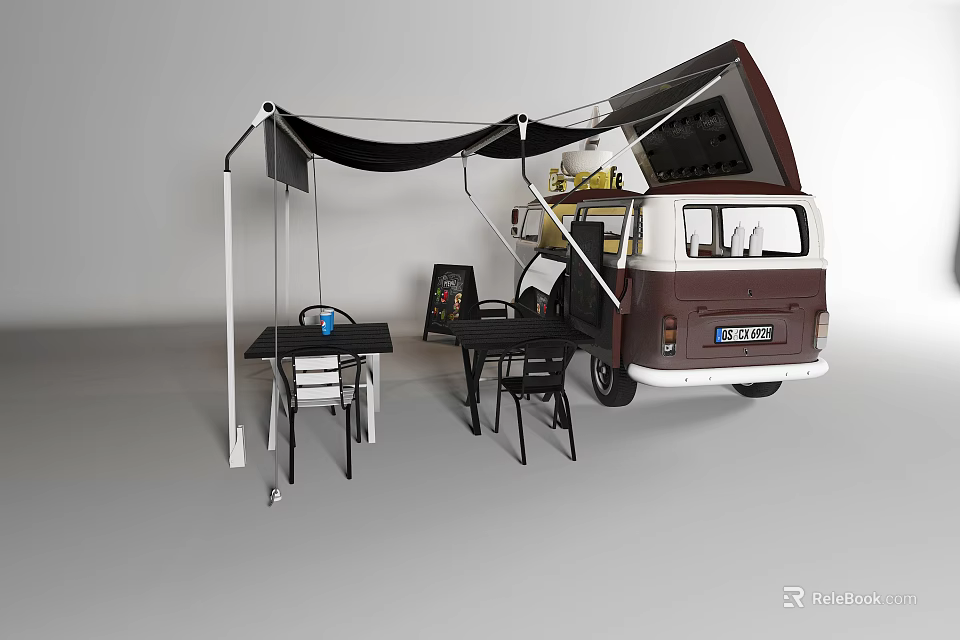 Brown White Functional Van with Open Rear Door Awning and Dining Tables Chairs 3d model 