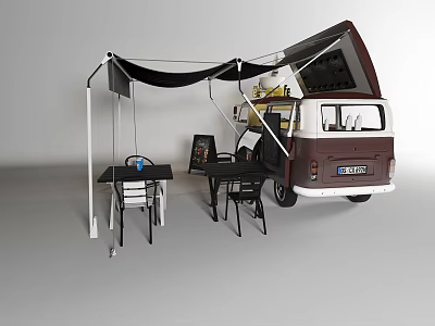 Brown White Functional Van with Open Rear Door Awning and Dining Tables Chairs 3d model