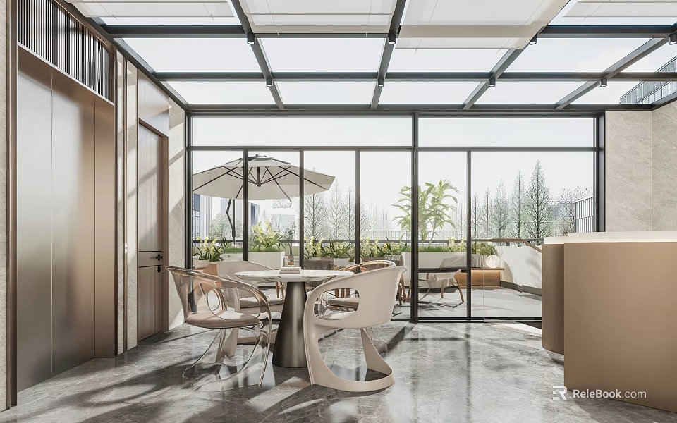 Modern Villa Balcony With Glass Roof Outdoor Furniture And Scenic View 3d model 