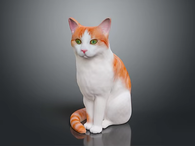 Orange And White Cat With Green Eyes Sitting On Glossy Black Surface 3d model