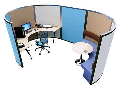 Office Desk In Curved Office Cubicle With Computer Printer Chair And Round Table 3d model