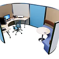 Office Desk In Curved Office Cubicle With Computer Printer Chair And Round Table
