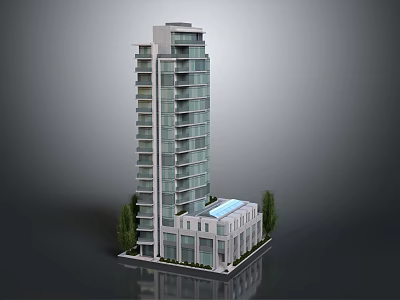 Contemporary City High - rise Apartment Tower With Balconies Swimming Pool And Trees 3d model