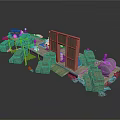 Modern 3D Wooden Scene With Platform Crates Pipes Wall Door And Gray Floor